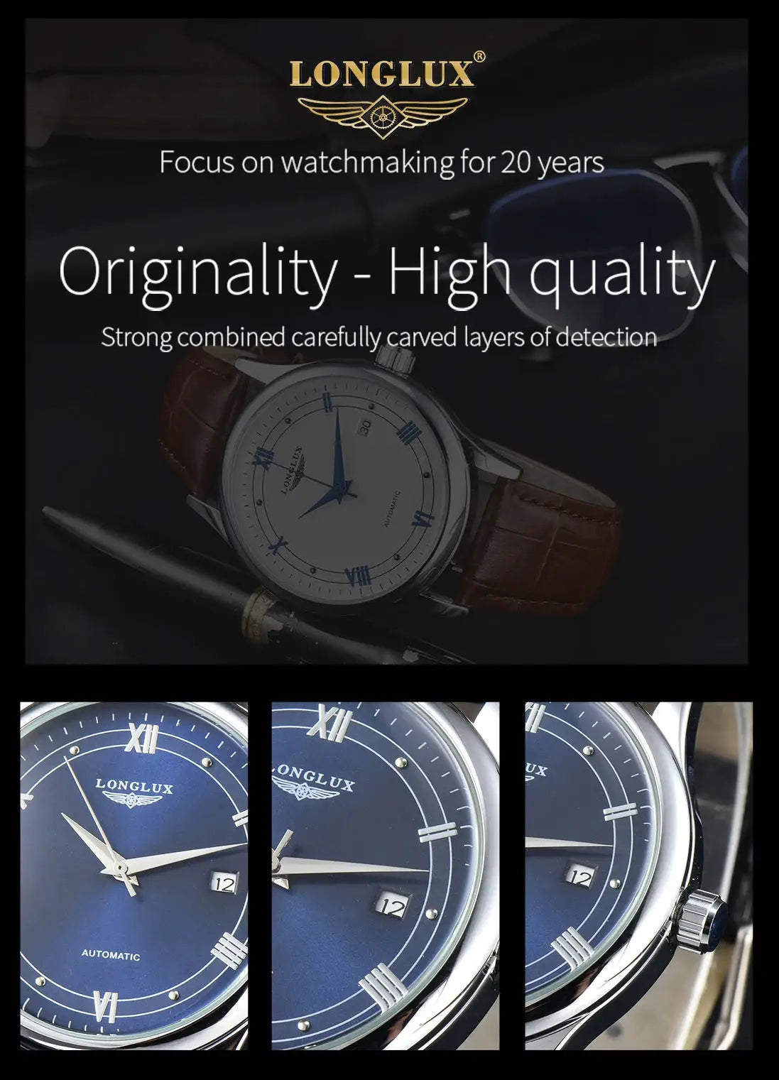 Longlux automatic men's watch with blue dial and roman numerals, brown leather strap, collage of views.