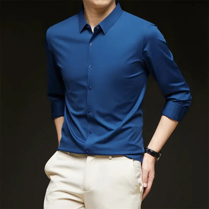 Men's blue long-sleeve business casual shirt by Simples Market, wrinkle-resistant, solid color