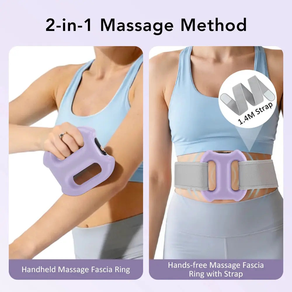 Portable vibration fascia massager with dual rings; handheld lavender unit and belt-wear strap version (2 items)