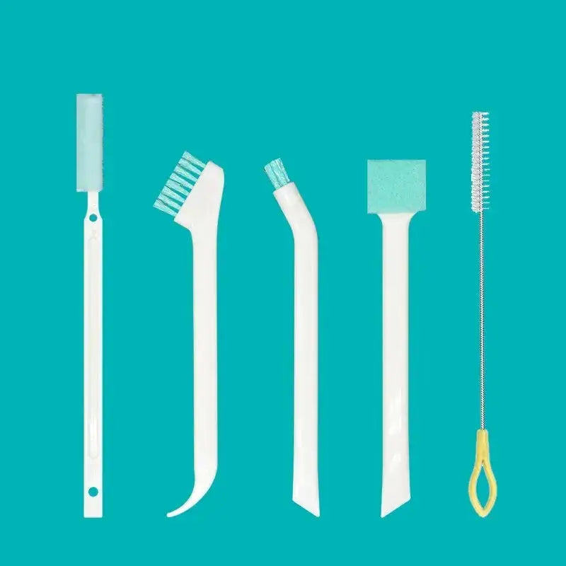 5-piece bottle, window and crevice cleaning brush set with white handles and teal bristles