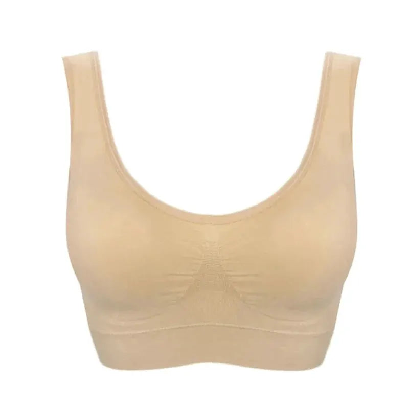 Sports bra beige, wireless seamless with wide straps for yoga and workouts