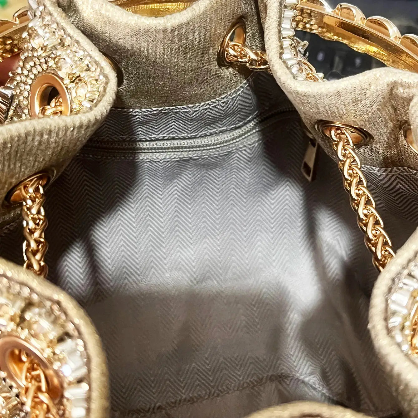 Simples Market luxury gold crystal rhinestone shoulder bag, evening bucket clutch with gold chain strap