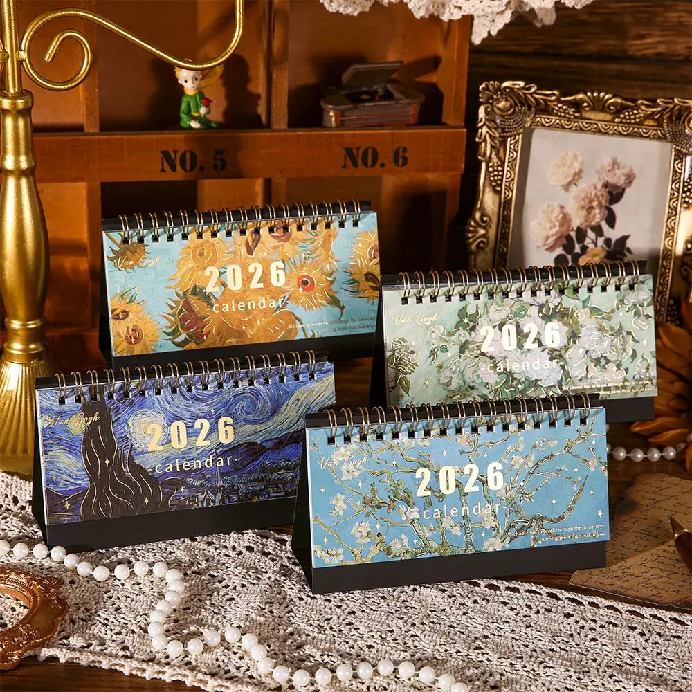 4-pack 2026 desk calendars featuring vintage painting covers on black stands for home or office