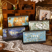 4-pack 2026 desk calendars featuring vintage painting covers on black stands for home or office