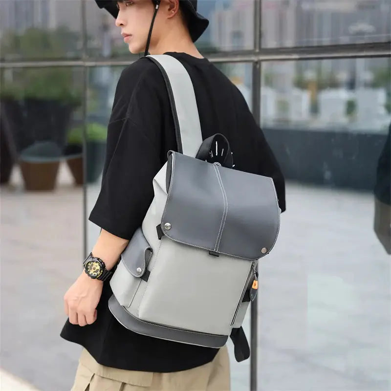 USB-charging urban man backpack, two-tone gray with dark gray flap, waterproof laptop backpack