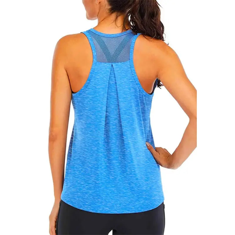 Blue women's yoga vest with mesh back panel and loose-fit sleeveless tank
