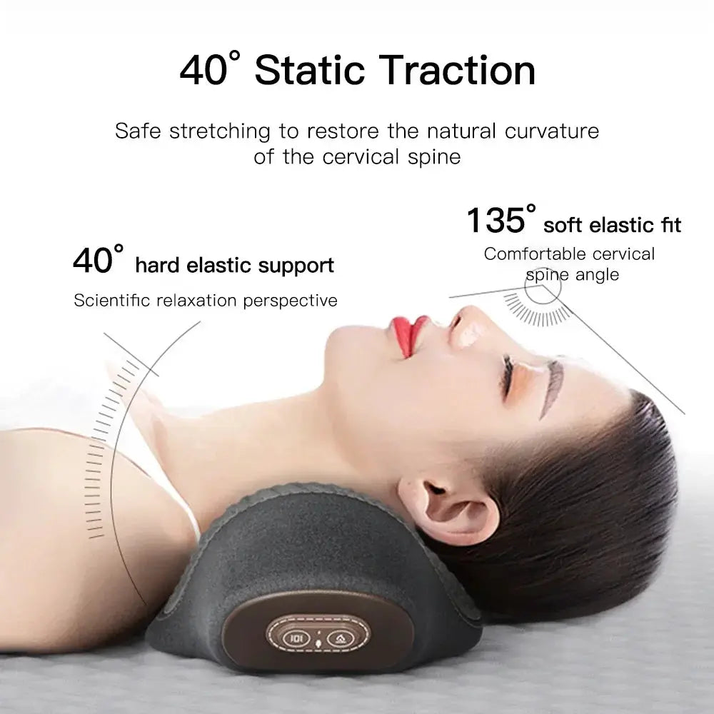 Electric neck massager pillow by Simples Market with heating and vibration, dark gray fabric, brown control panel.