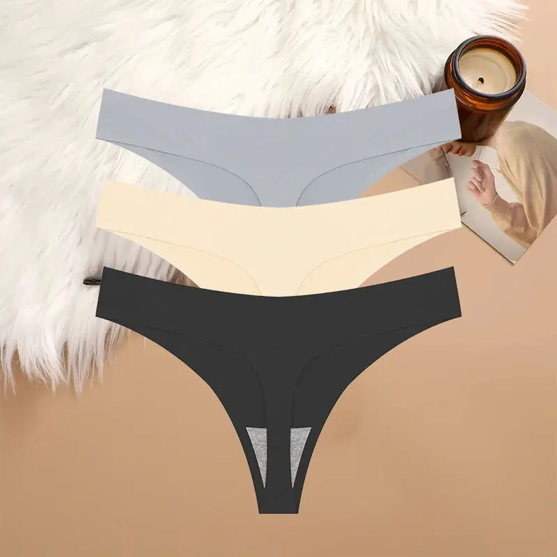 3-pack Simples Market women's seamless low-waist G-string underwear in blue, beige and black