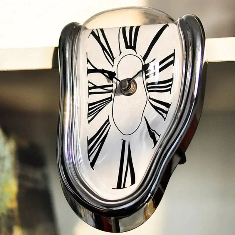 Surreal Melting Clock wall clock by Simples Market, chrome finish and Roman numerals