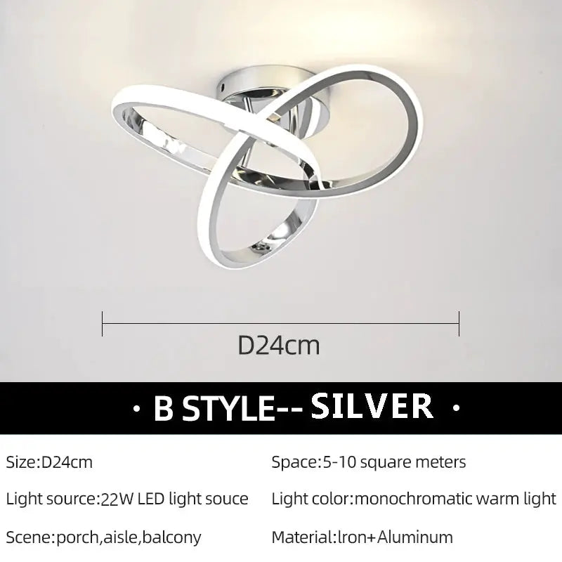 Modern LED ceiling light by Simples Market, silver metal interlocking rings, surface mounted, 24 cm diameter