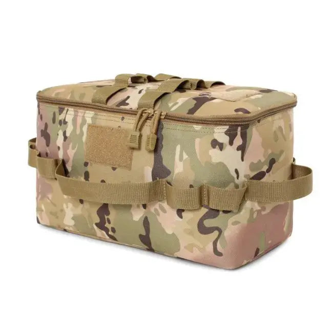 Large-capacity camouflage camping storage bag with top handles and side straps
