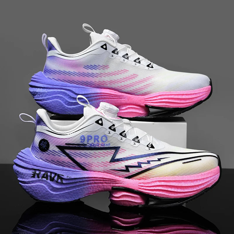 Men's running shoes by Simples Market, a pair with white upper and purple-pink gradient cushioned sole.