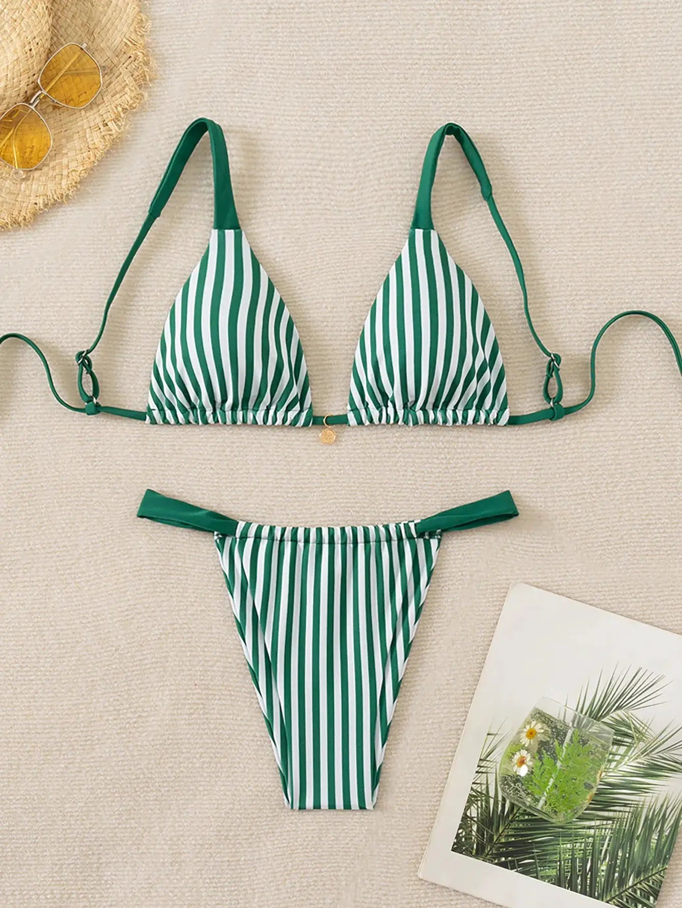 Triangle bikini set in green and white stripes with Brazilian-cut bottoms, 2-piece swimsuit