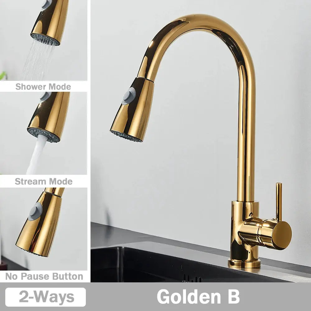 Golden kitchen faucet with pull-out spray head, dual shower and stream modes, deck mount, Simples Market.