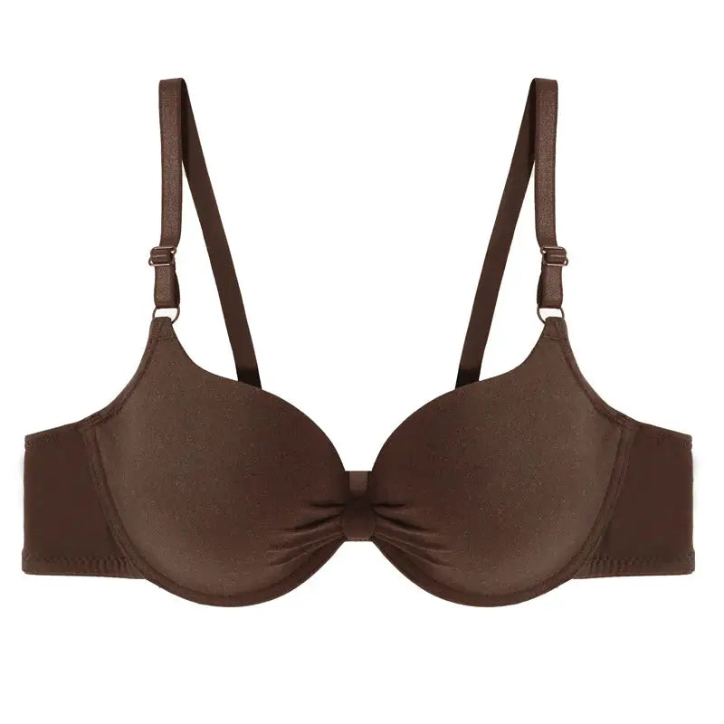 Women's brown underwire bra from Simples Market with gathered cups and adjustable straps