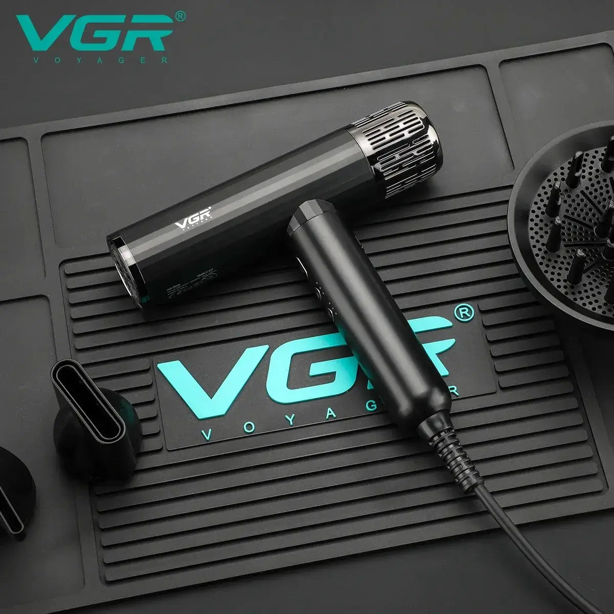 VGR hair dryer with brushless motor, black handheld unit on a VGR-branded mat