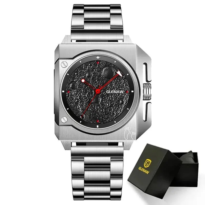 Montre Homme GLENAW stainless steel mechanical watch with moon dial, red hands, and presentation box