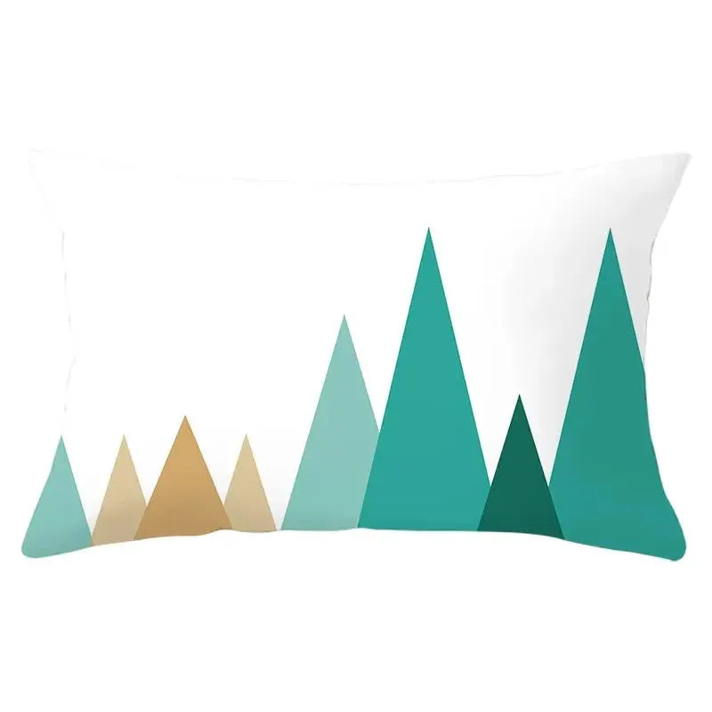 Rectangular polyester pillowcase with white background and teal, turquoise, and beige geometric mountain triangles