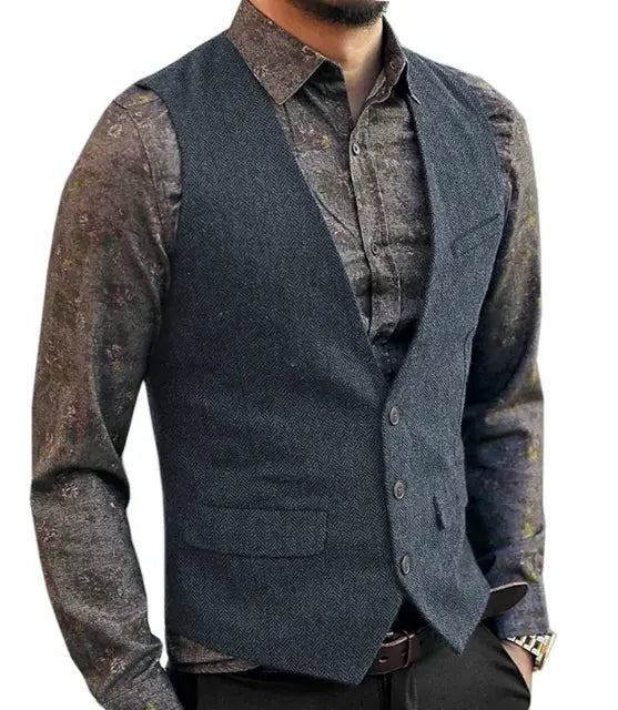 Deep V-Neck suit vest by Simples Market, men's slim-fit herringbone waistcoat in dark gray