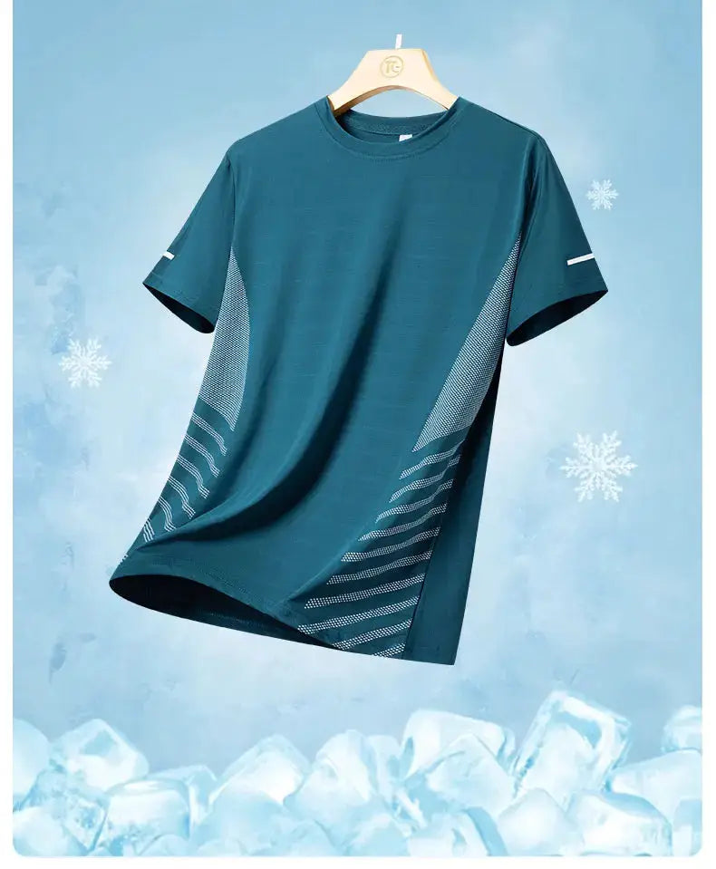 Simples Market men's running T-shirt, teal ice-silk quick-dry fabric with mesh side panels and reflective print