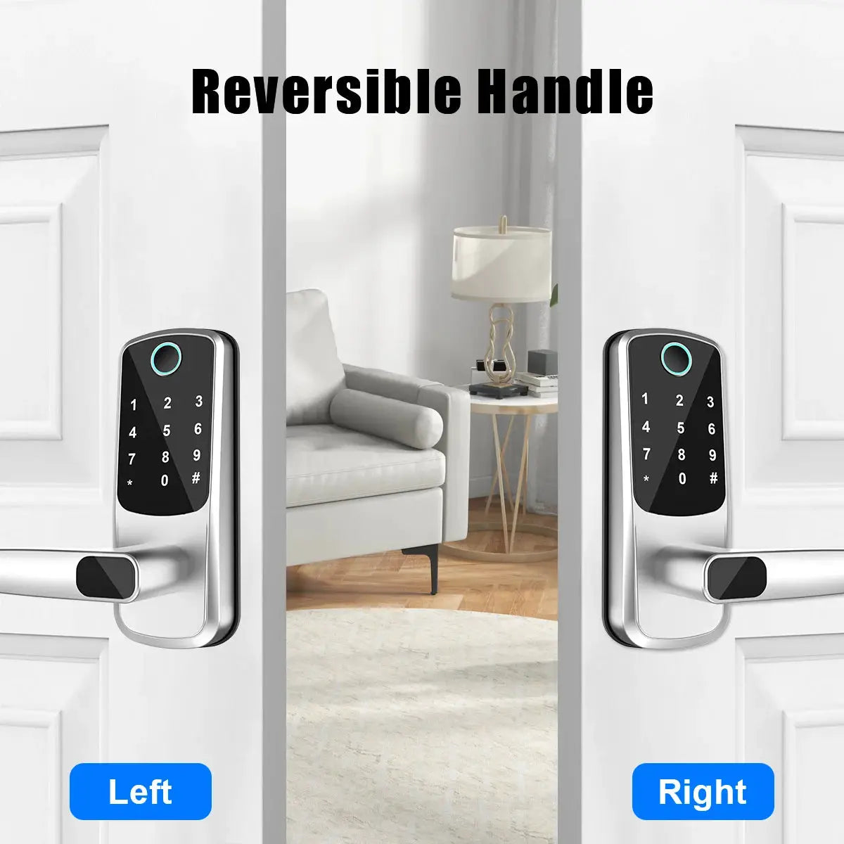 WiFi smart door lock with biometric fingerprint and keypad, dual doors shown in silver finish