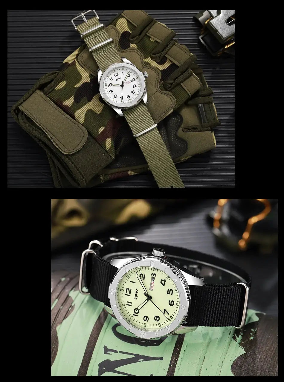 TPW 40mm Field Watch by Simples Market; two watches on olive and black fabric straps with white and cream dials