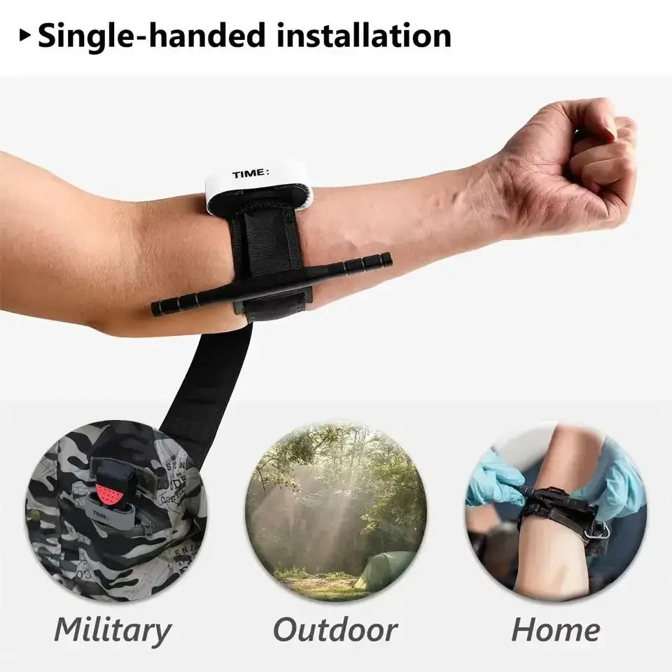 Tourniquet medical device; tactical black strap with white TIME band on forearm, pen-like tool attached, for military outdoor home use