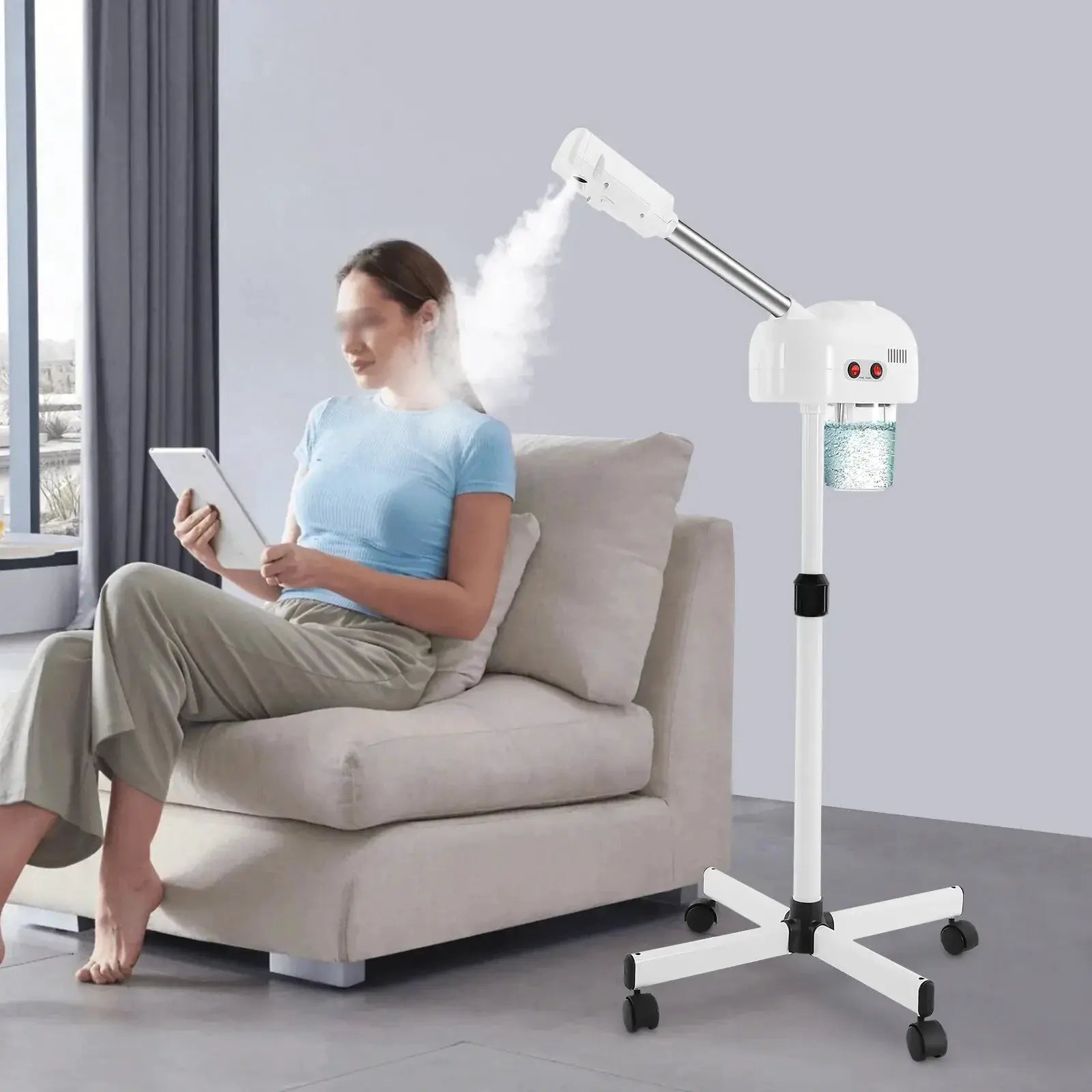 Simples Market ozone facial steamer on white adjustable stand with wheels for salon and home use