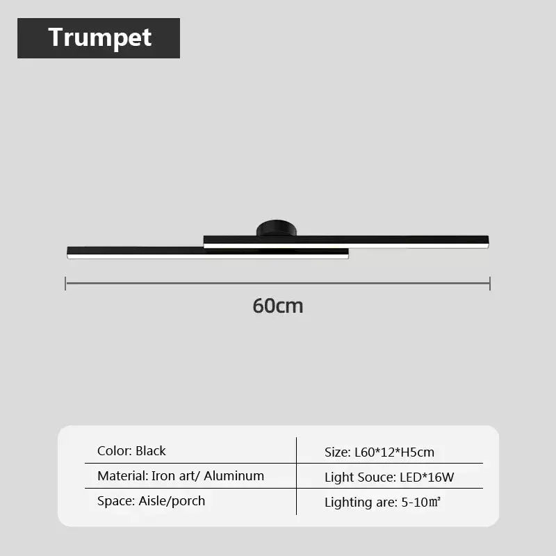 Simples Market Trumpet modern LED ceiling light, black iron/aluminum bar, 60cm length