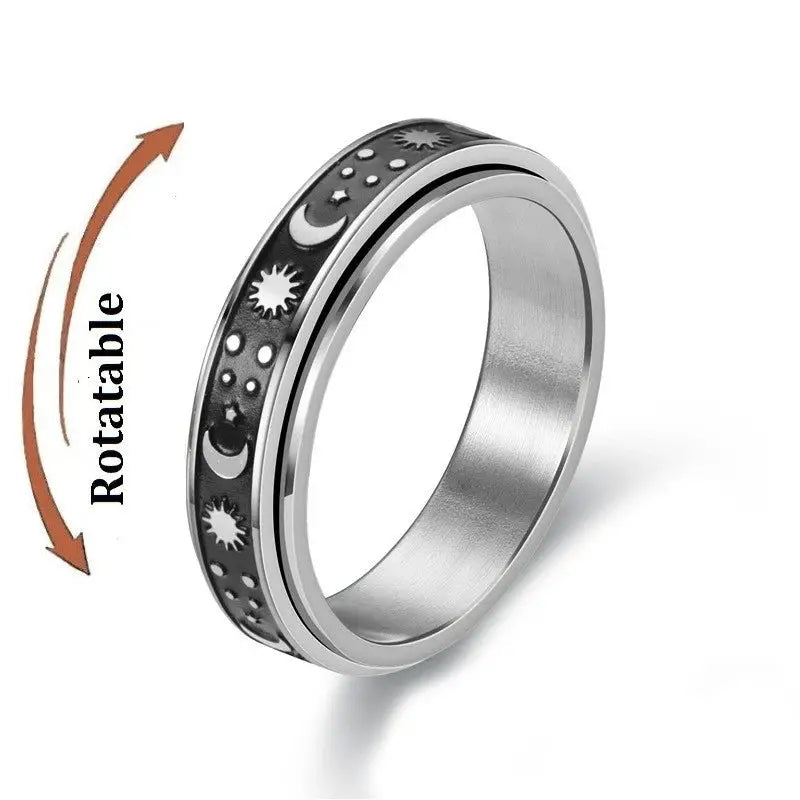 Stainless steel fidget spinner ring with rotating celestial motif, Simples Market.