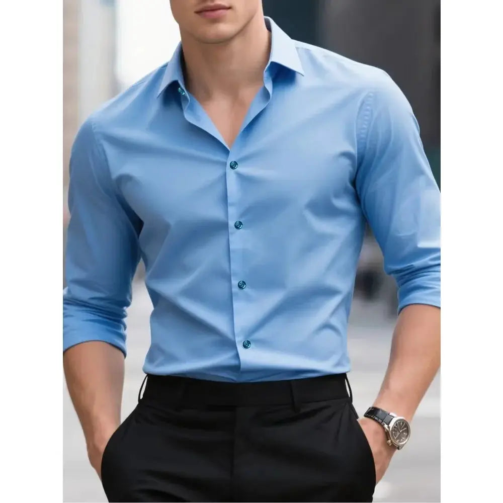 2025 Men's Solid Color Long Sleeve Shirt Elastic Smart Casual Four Season Business Shirt