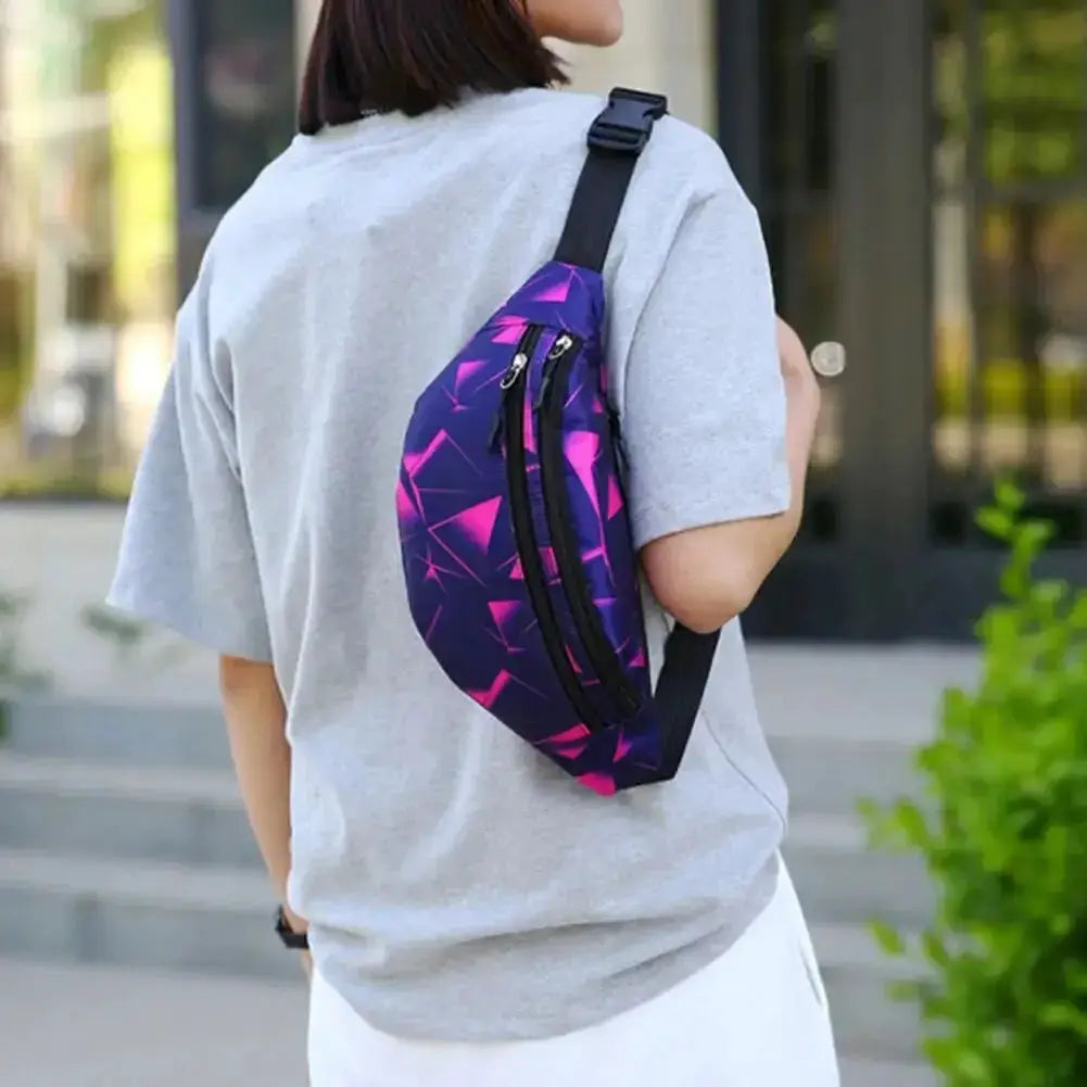 Sports waist pack by Simples Market; waterproof purple geometric-print belt bag with black zippers worn on the back.