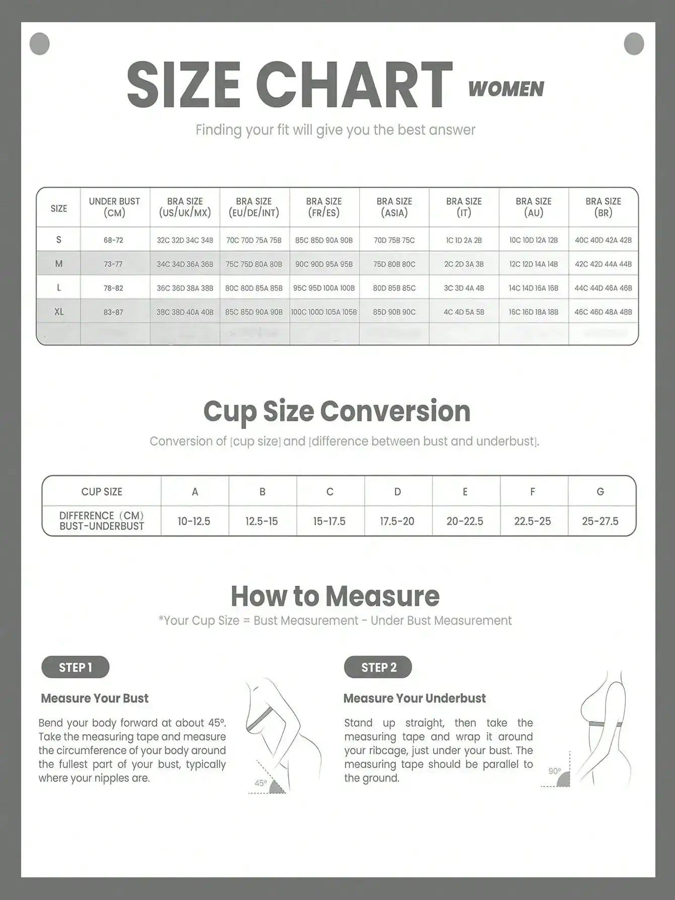 Bra size chart for women showing underbust ranges, bra size mappings, and cup size conversions