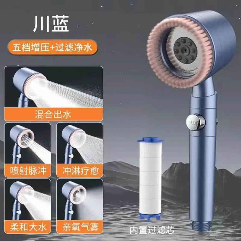 Blue handheld shower head with built-in filter cartridge, five spray modes and stop button