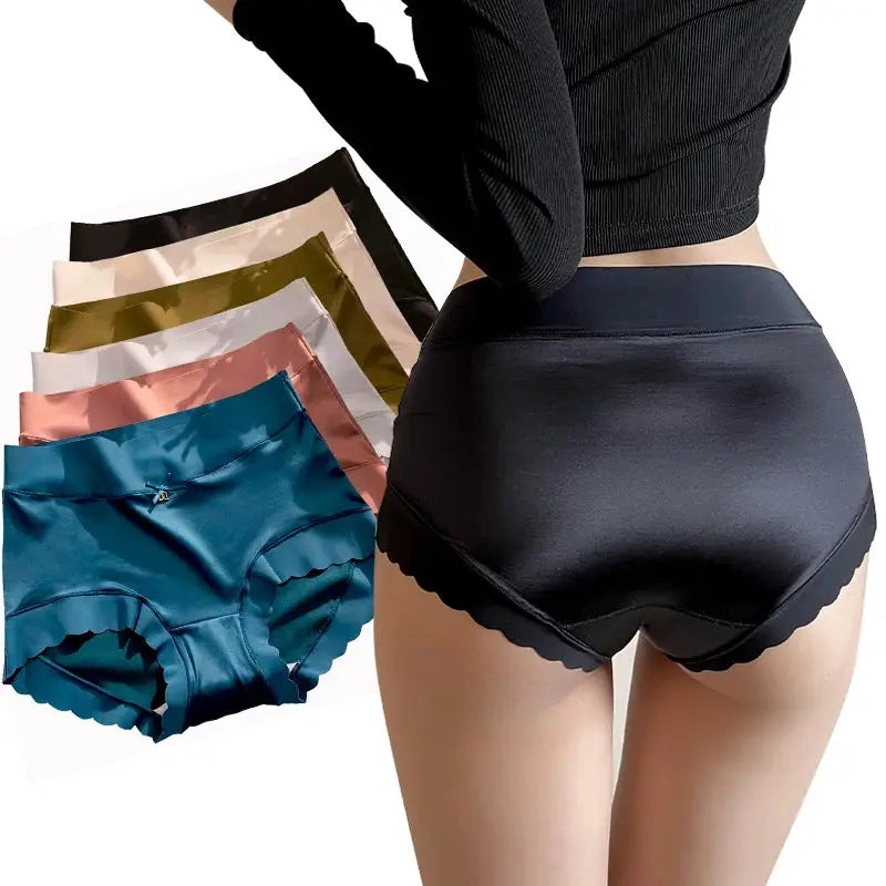 Silk panties by Simples Market, women's mid-rise satin briefs with scalloped hems in assorted colors.
