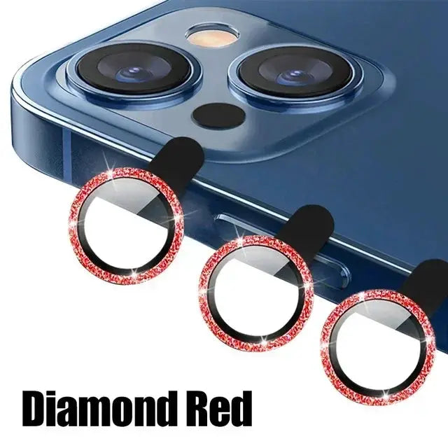 3-pack metal camera lens protectors with Diamond Red rings for iPhone back cameras
