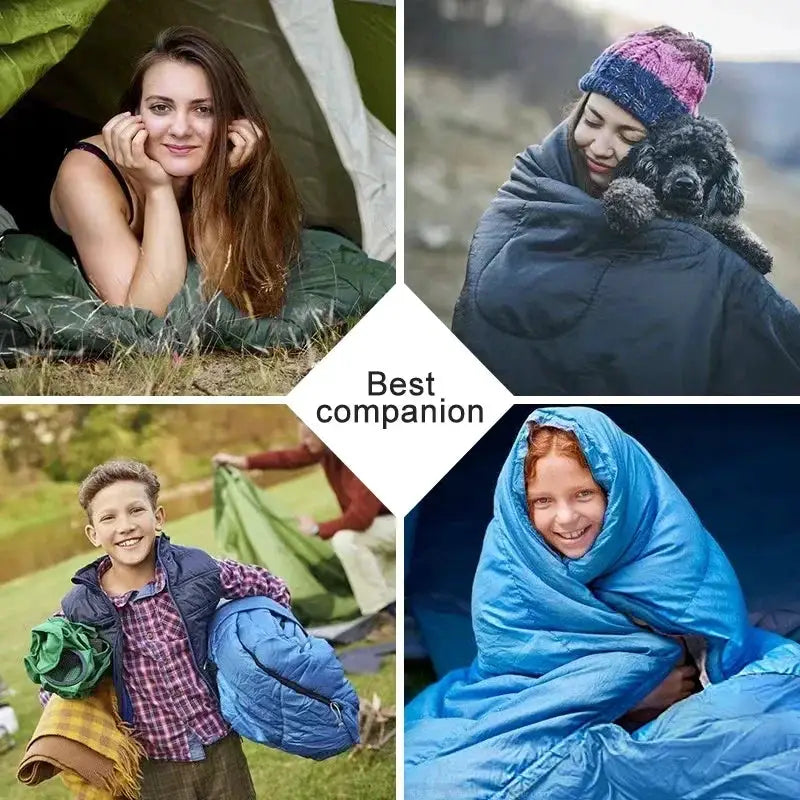 Camping sleeping bags (4) in green and blue envelope-style, ultralight and waterproof for 4 seasons