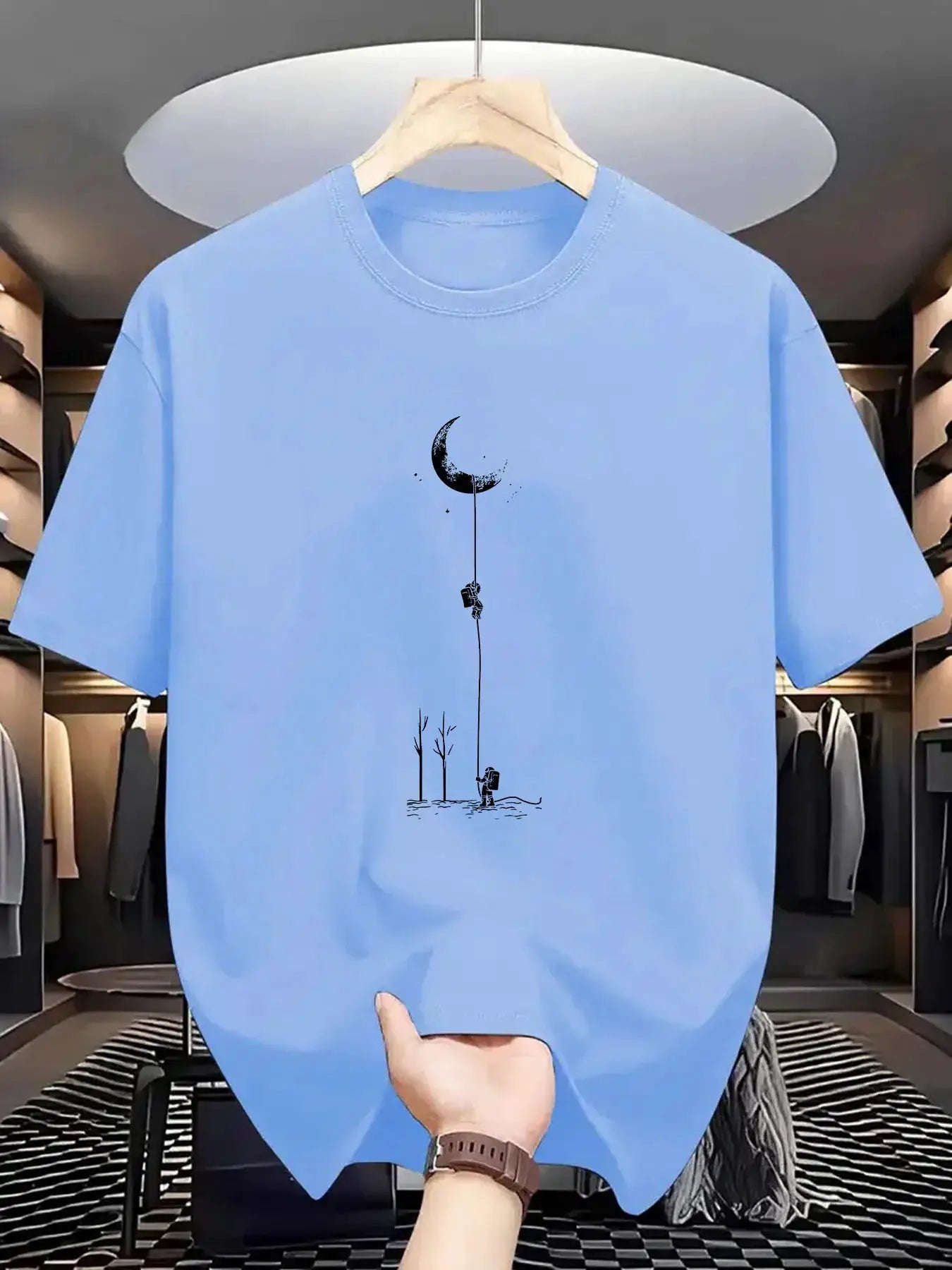 Summer Men's 100 Percent Cotton Casual Loose Fit Plus Size Moon Landing Pattern T Shirt Round Neck Short Sleeve