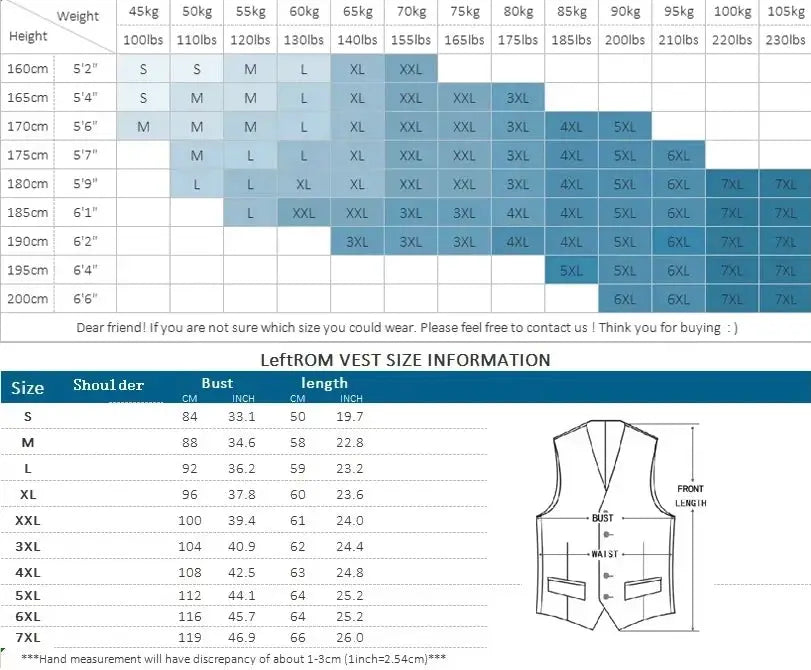 Simples Market men's solid-color elastic vest size chart and measurement diagram showing bust, shoulder and length