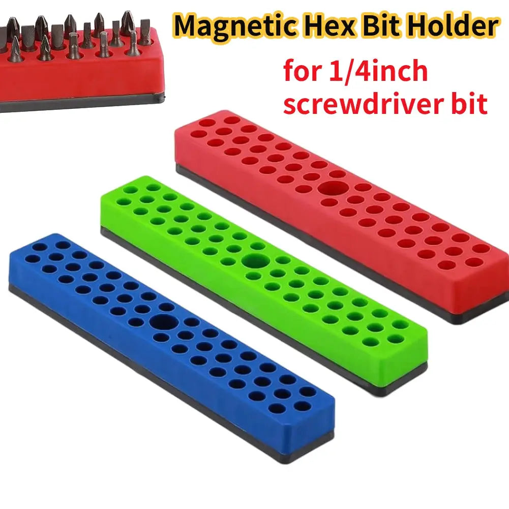 43-hole magnetic hex bit holder organizer for 1/4-inch screwdriver bits; blue, green, and red three-piece set