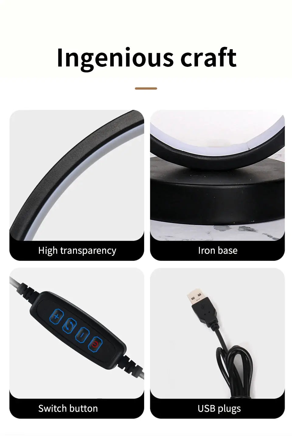 Simples Market bedroom ring night lamp with three-color dimmable LED, iron base, USB cable.
