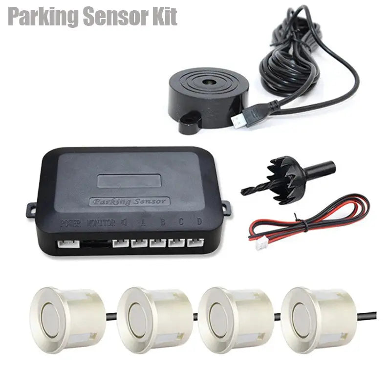 Risingon 12V car parking sensor kit with 4 white circular sensors, black control box and buzzer