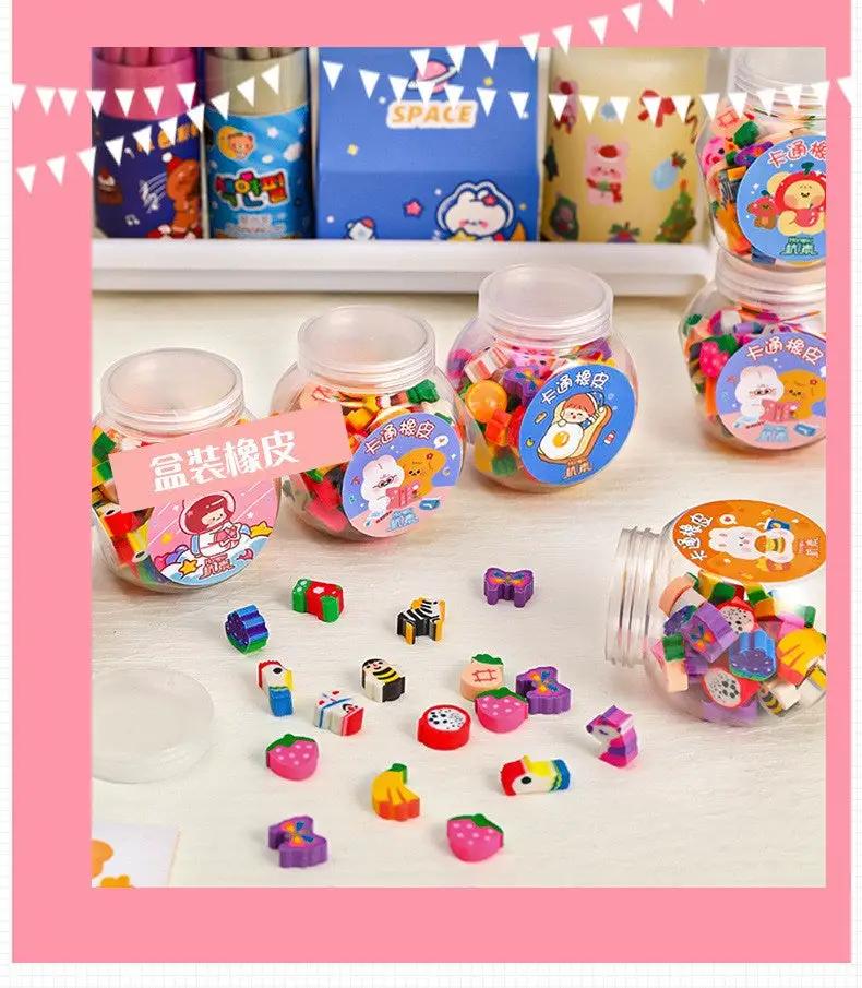Simples Market pencil erasers set, kawaii animal and fruit shapes, colorful erasers in jars, 50–100 pcs
