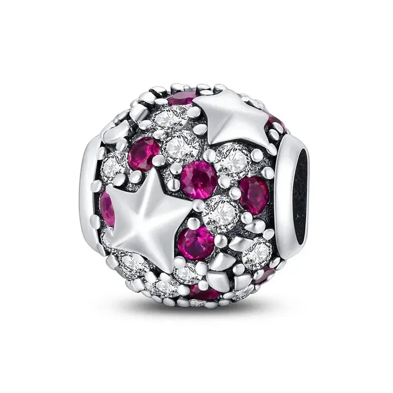 Silver-plated guardian-angel heart charm bead with pink and clear zircons and star details for Qikaola 925 bracelets