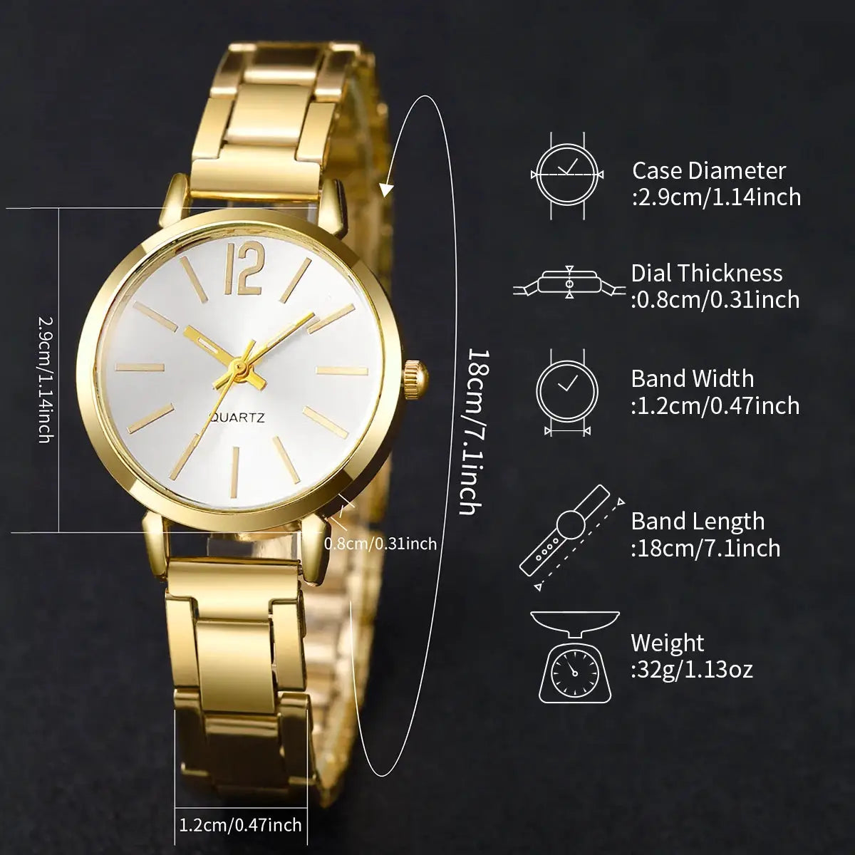 Gold-tone women's quartz wristwatch with stainless steel band and white dial