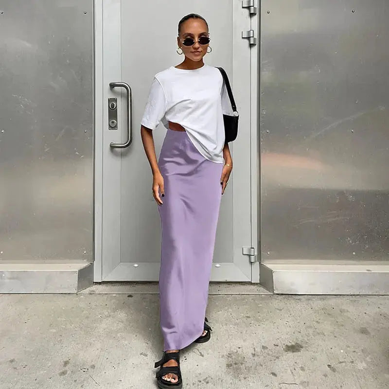 Satin trumpet skirt, lavender, high-waist, long length for office and spring/summer outfits