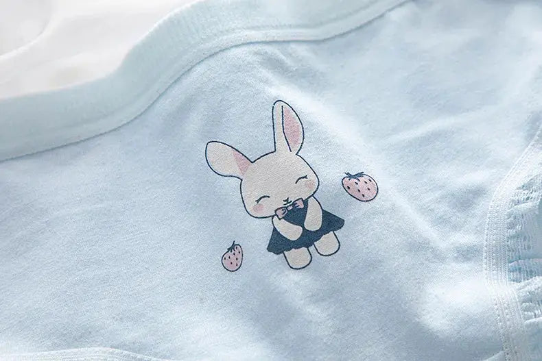 Women's cotton panties with a cute bunny and strawberry print on light blue breathable fabric for everyday wear