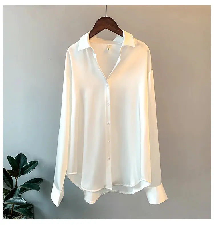 Office Lady Satin Long Sleeve Blouse With Elegant Korean Style Luxury For Professional Office Wear