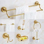 Luxury gold brass bathroom accessories set with robe hook, paper holder, towel bar, towel ring, soap dish.