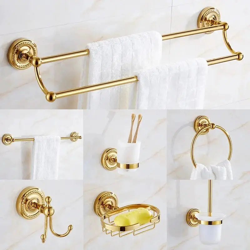 Luxury gold brass bathroom accessories set with robe hook, paper holder, towel bar, towel ring, soap dish.